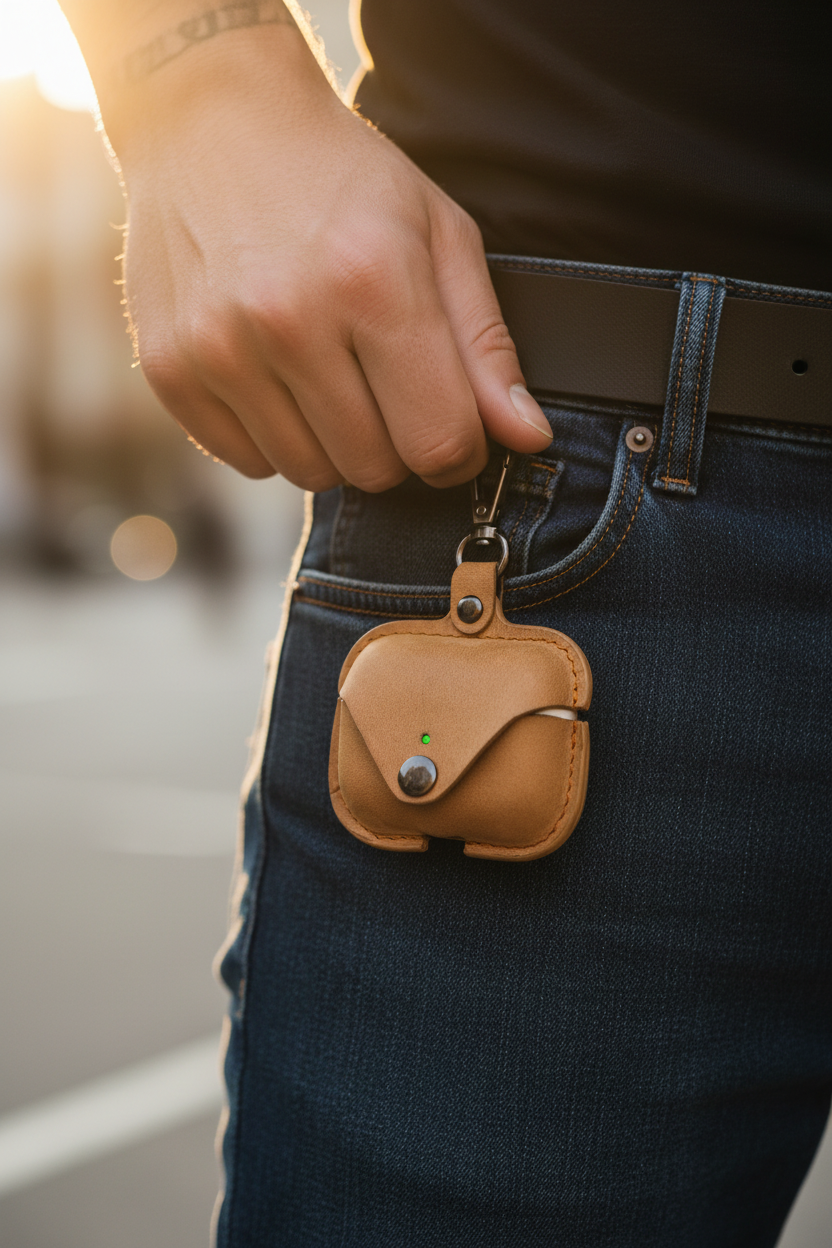 Leather AirPods Pro case — model belt loop lifestyle