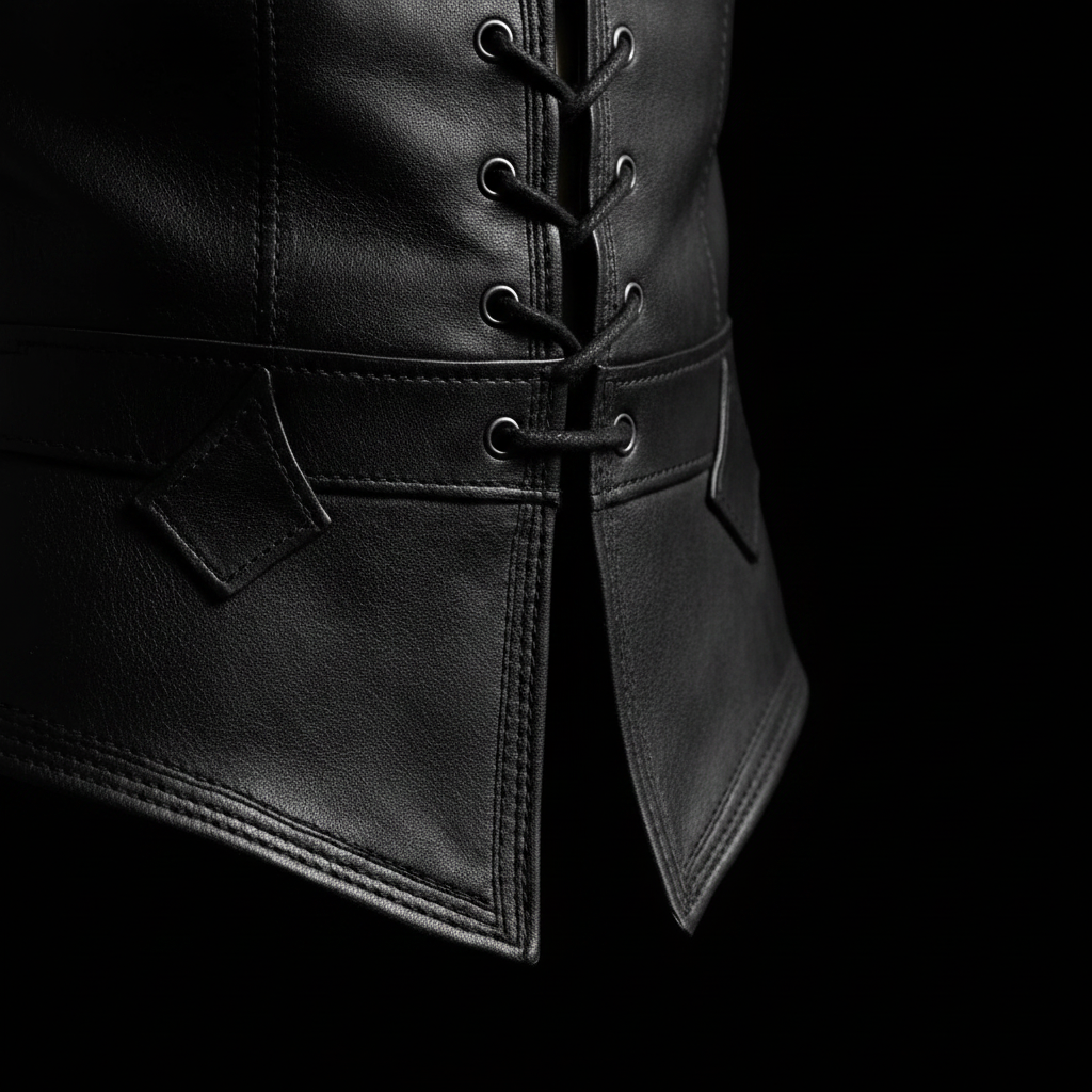Black leather medieval lace-up vest – hem and stitching close-up