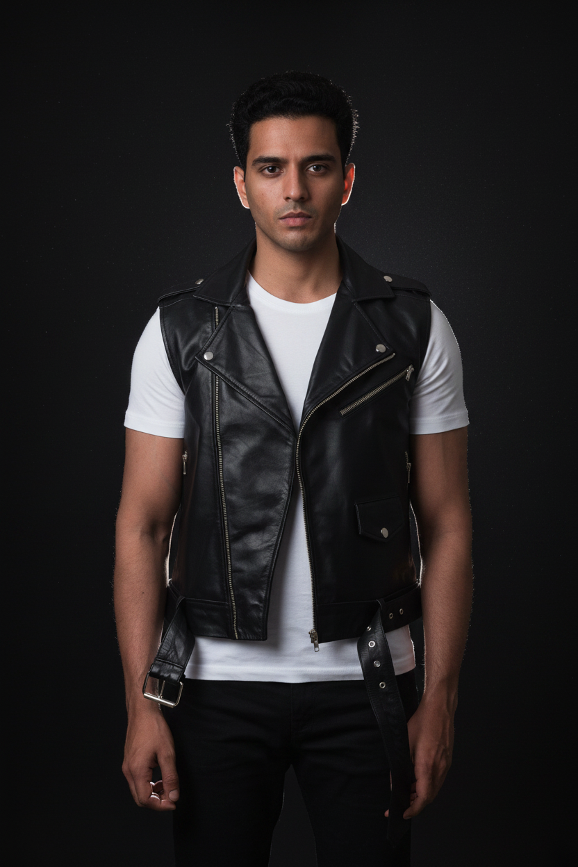 Men's black leather biker vest – front pose