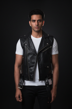 Men's black leather biker vest – front pose