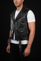 Men's black leather biker vest – three-quarter angle