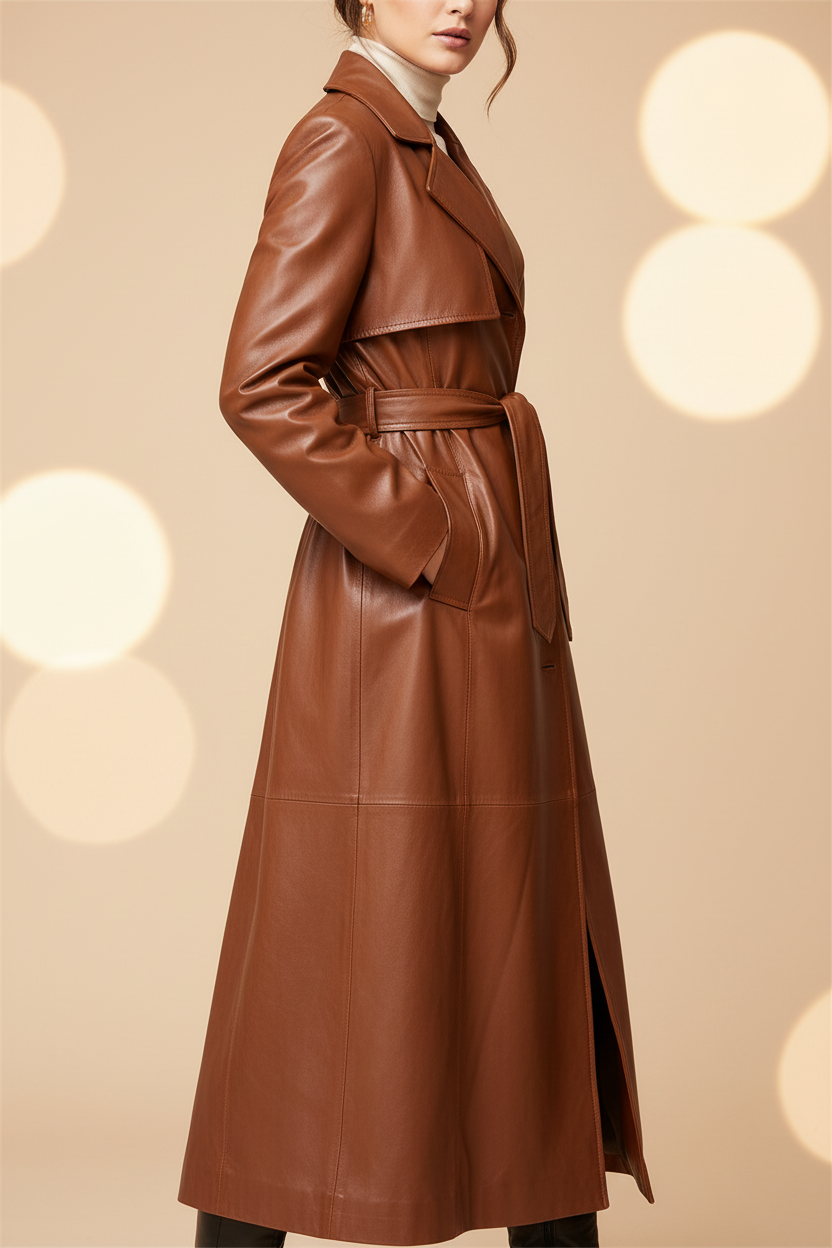 Brown leather trench coat — side profile