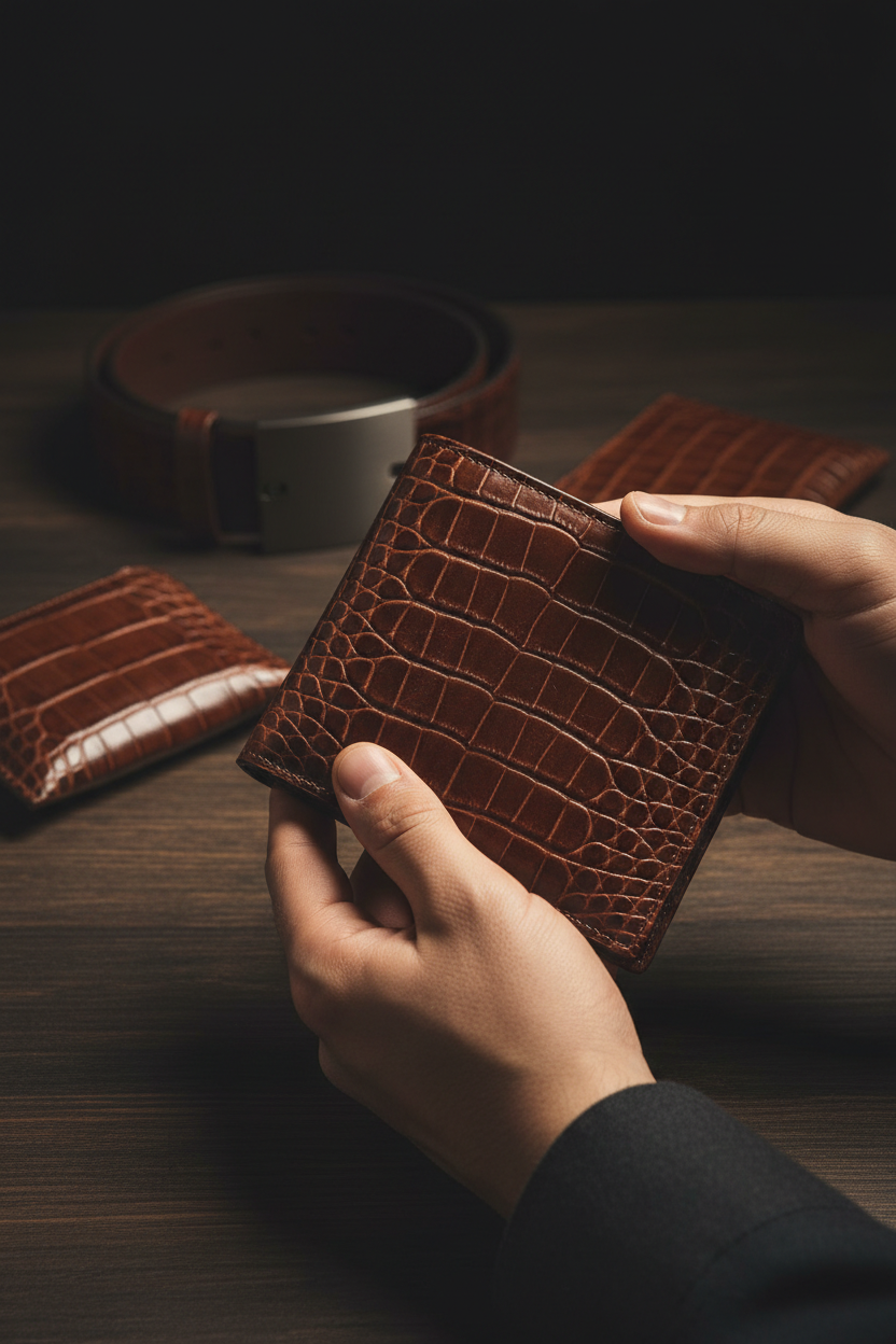 Lifestyle shot - man holding premium leather wallet