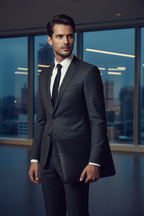 Male model in dark suit holding black leather laptop sleeve