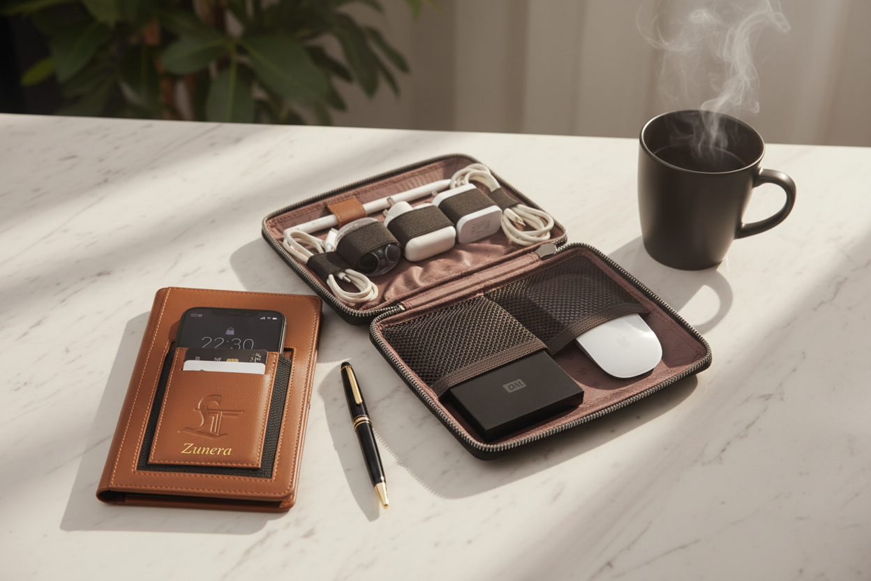 Harbinger Tech Kit on marble surface with luxury pen and coffee cup