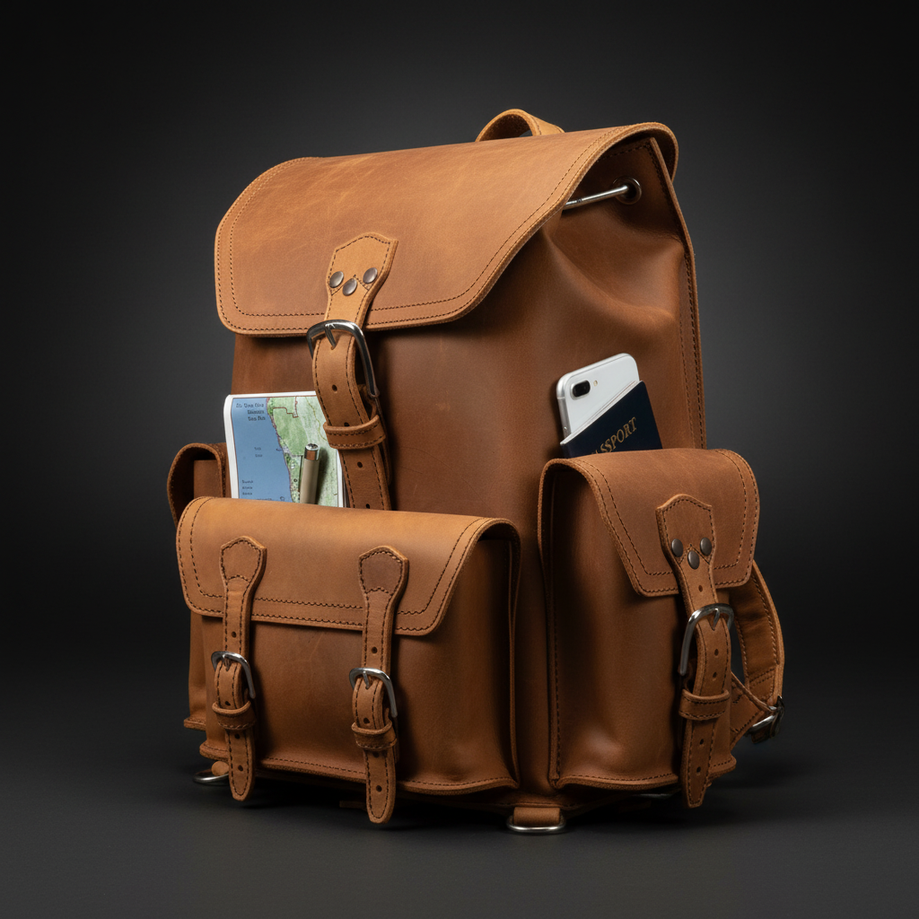 Leather backpack side profile