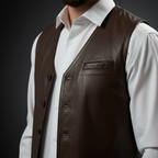 Brown leather vest – chest pocket and lapel close-up