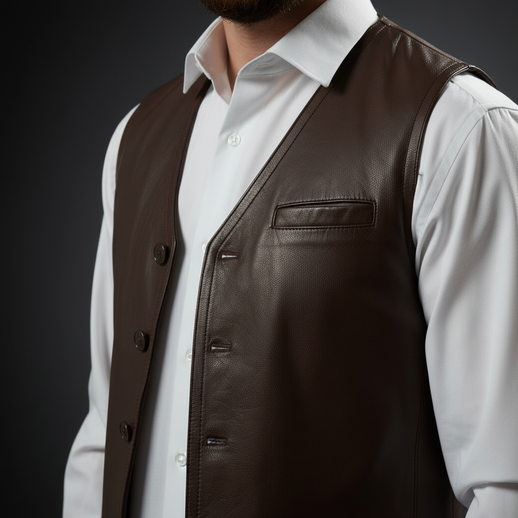 Brown leather vest – chest pocket and lapel close-up