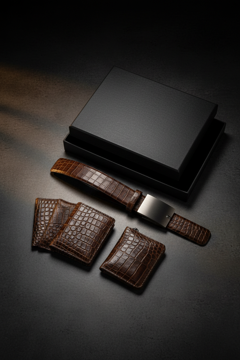 Full leather gift set displayed outside box overhead view