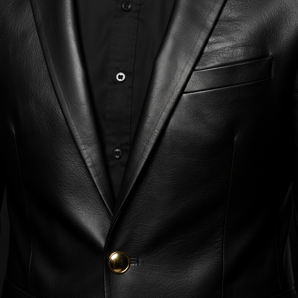Men's Black Leather Blazer Detail