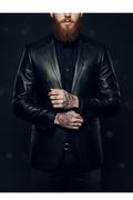 Men's Black Leather Blazer Front